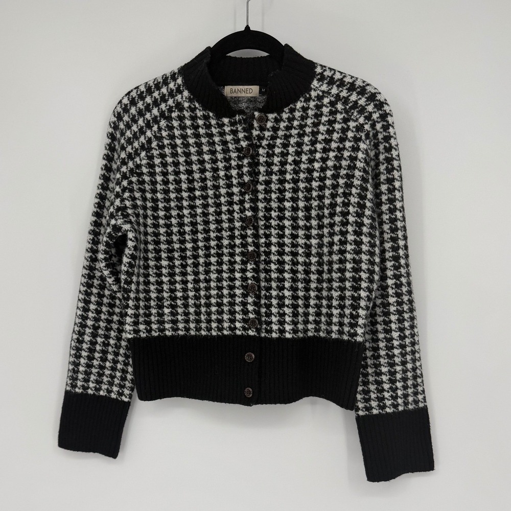 Banned Retro Houndstooth Cardigan Black White Mock Neck Knit Sweater CA21206